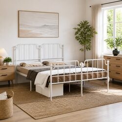 Durable White Metal Bed Frame 150x200 cm with Headboard