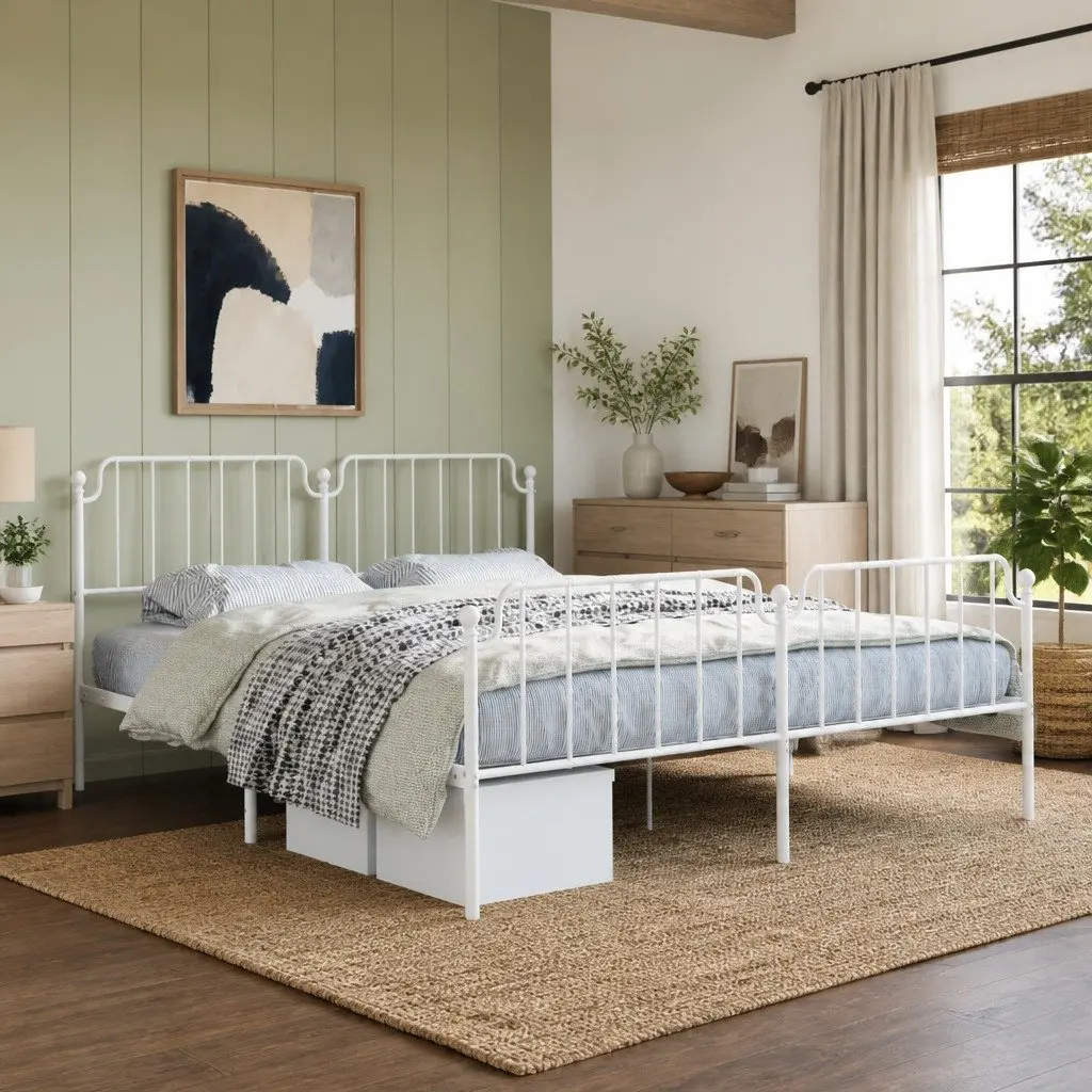 Metal Bed Frame Powder-coated Steel King Size White