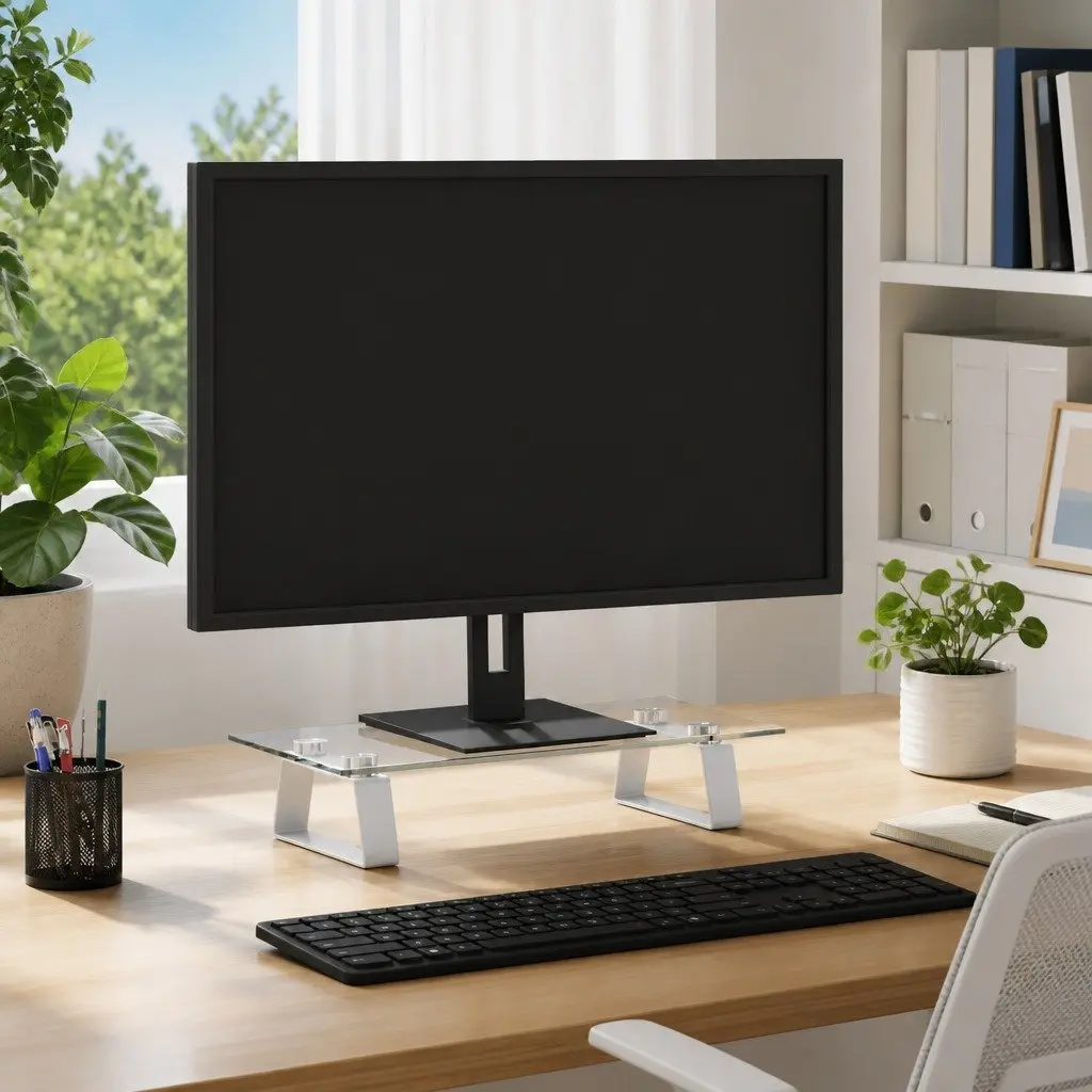 White Glass and Metal Monitor Stand for Ergonomics