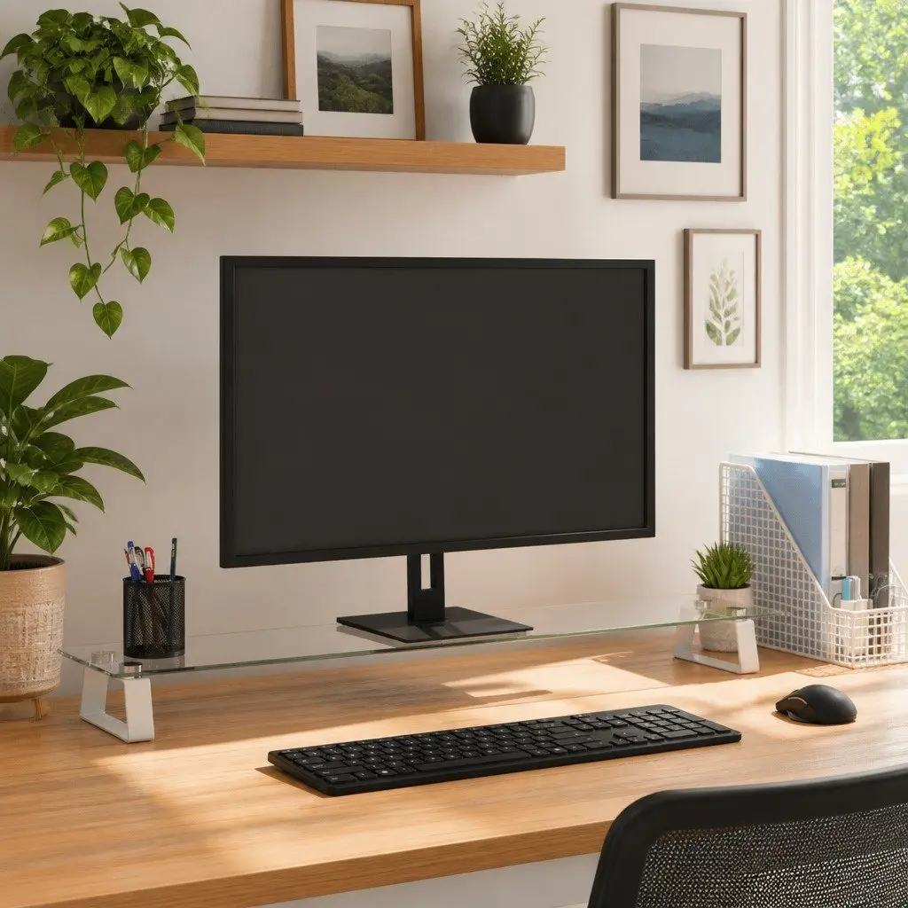 White Tempered Glass Monitor Stand with Storage