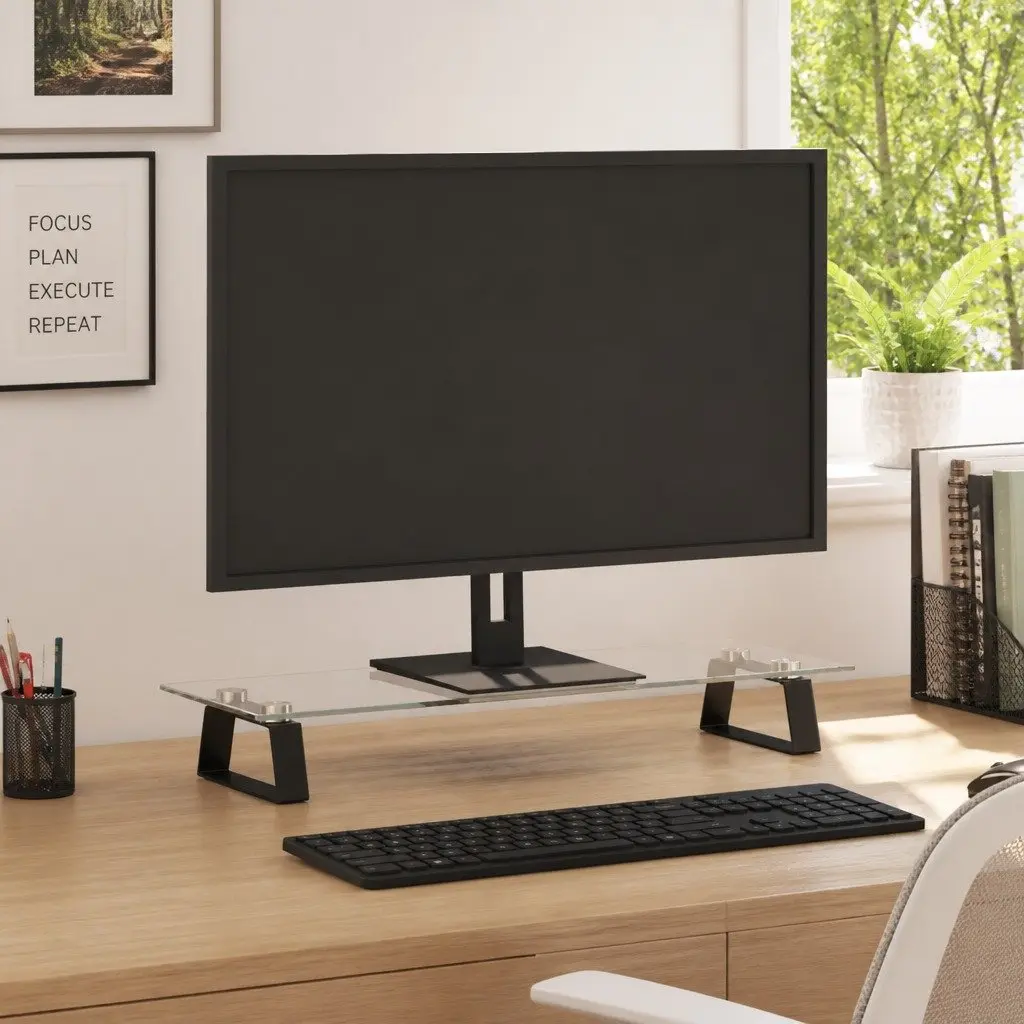 Black Tempered Glass and Metal Monitor Stand 60x20x8 cm