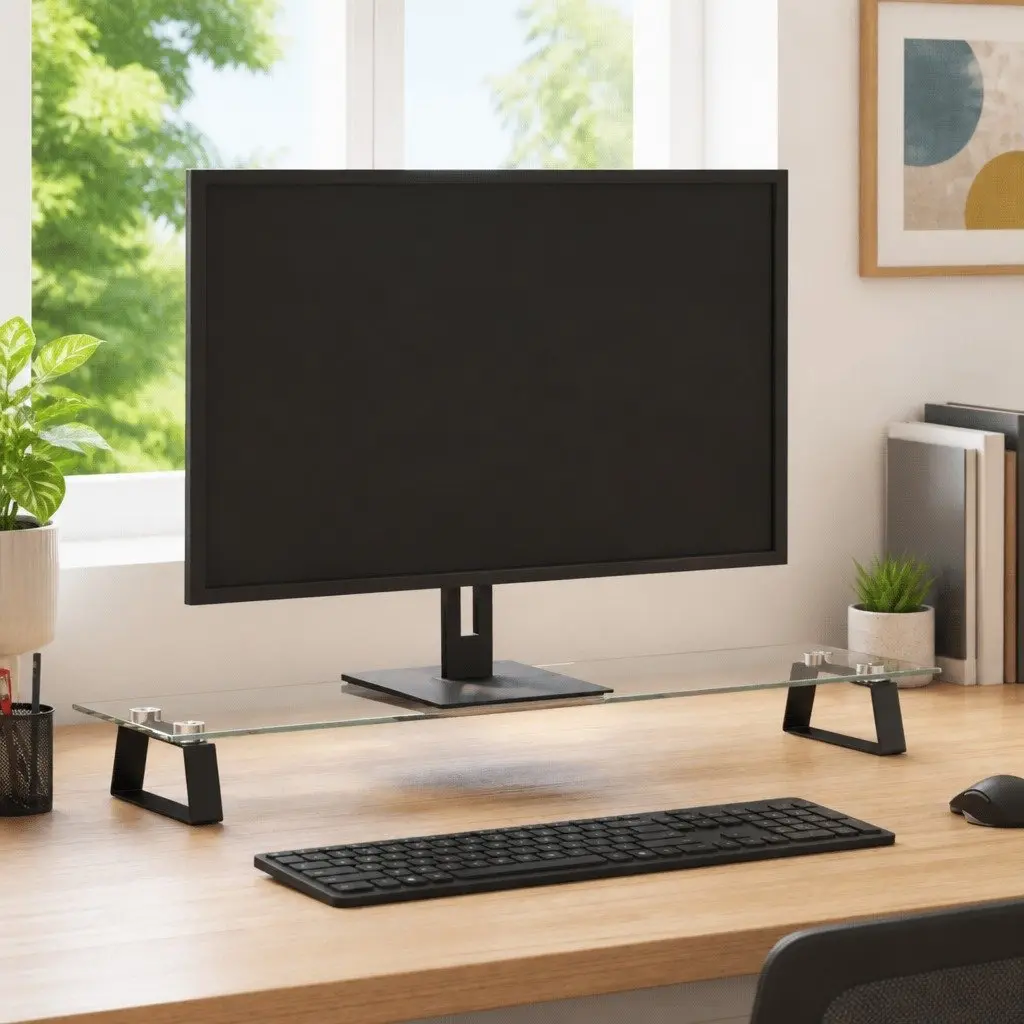 Black Tempered Glass Metal Monitor Stand