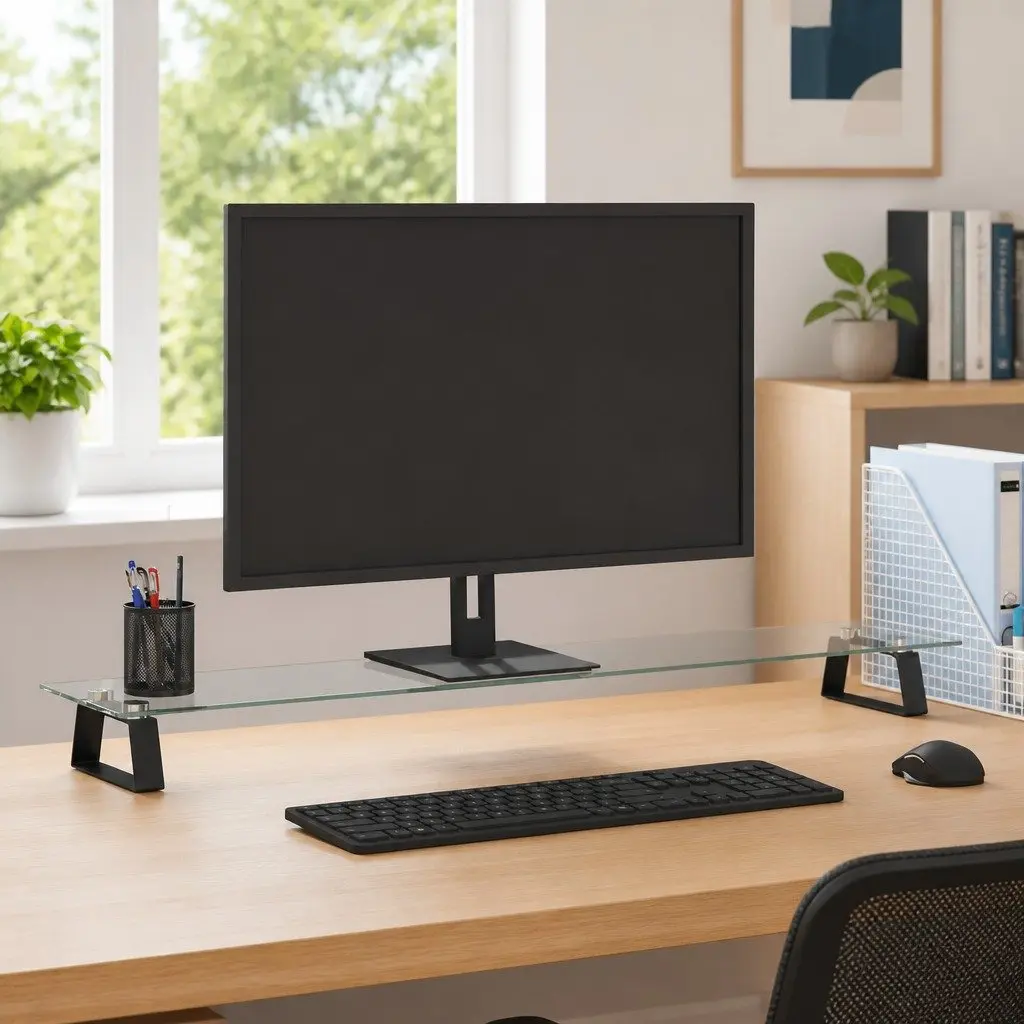 Black Glass and Metal Monitor Stand for Desk