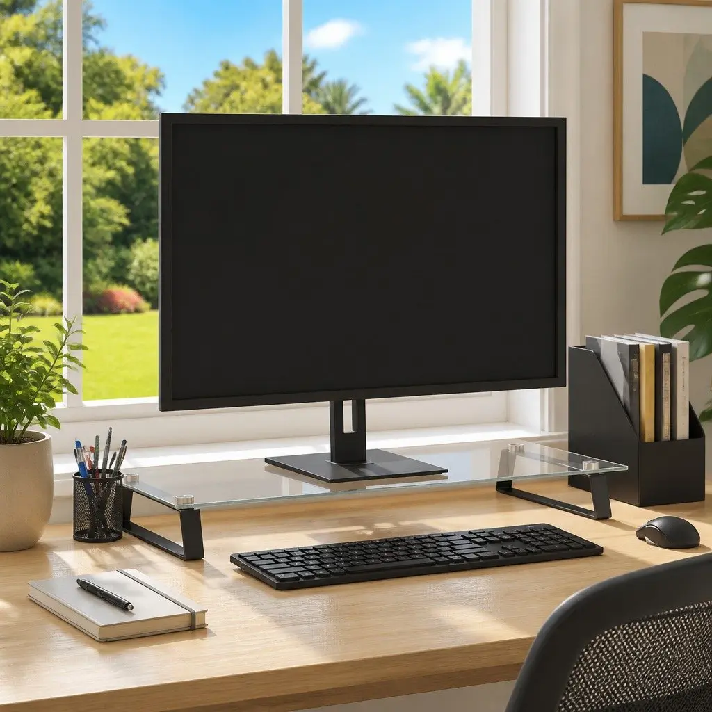 Black Monitor Stand with Tempered Glass and Metal