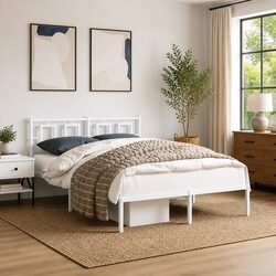 Sturdy White Metal Bed Frame 135x190 cm with Headboard