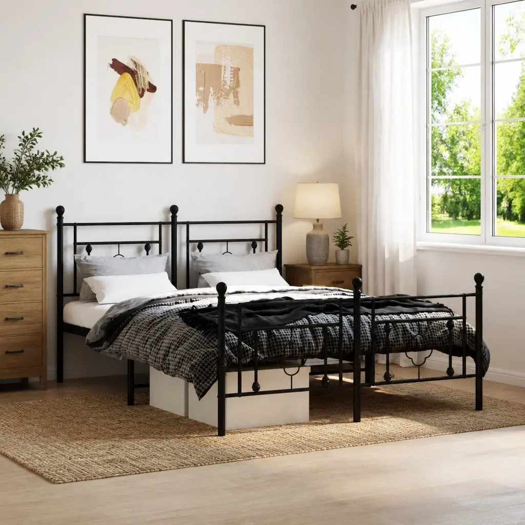 Black Metal Bed Frame 135x190 cm with Storage