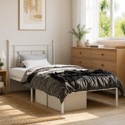 Durable Metal Bed Frame with Headboard in White 90x190 cm