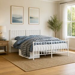 White Steel Metal Bed Frame 135x190 cm with Headboard & Footboard