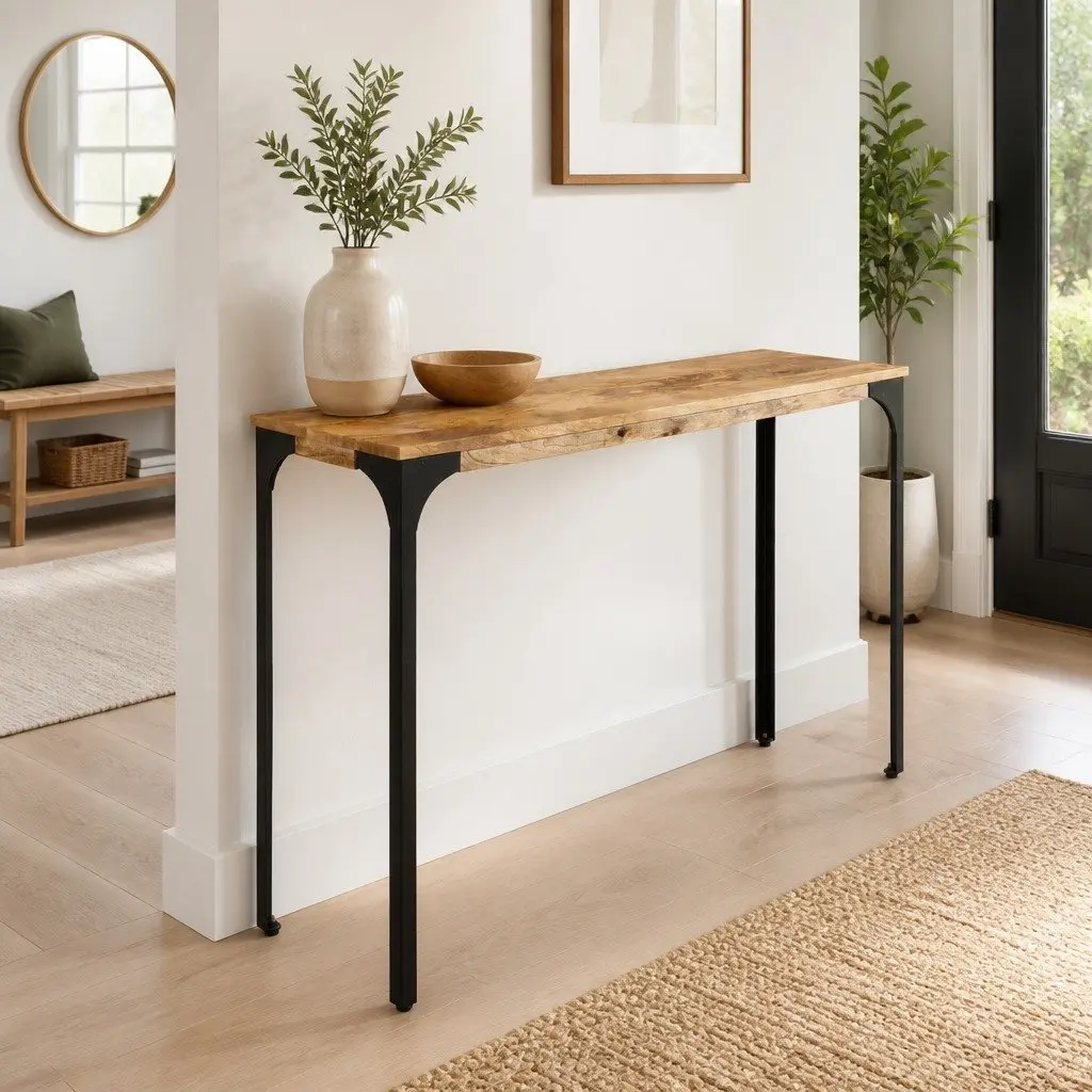Accent Console Table with Brown Solid Mango Wood and Iron Feet