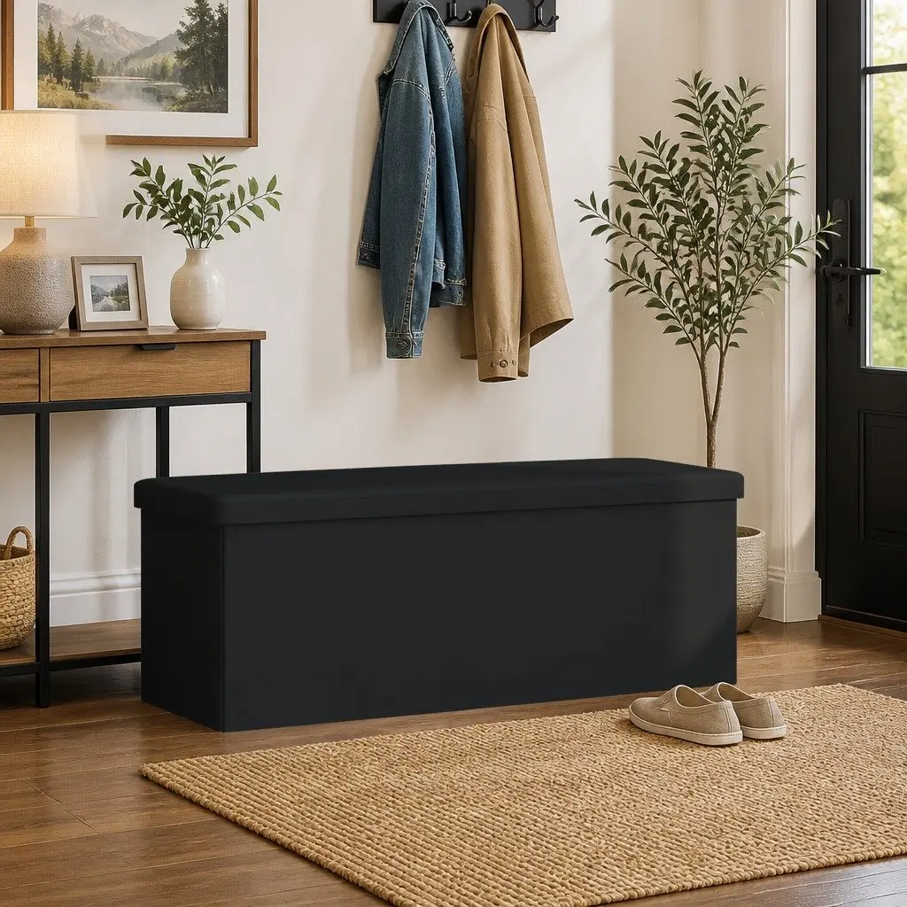 Storage Bench PVC Foldable Black Ottoman