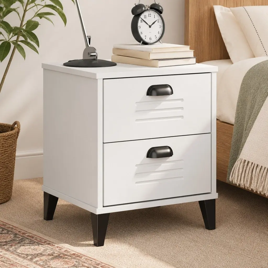 White Engineered Wood Nightstand for Storage