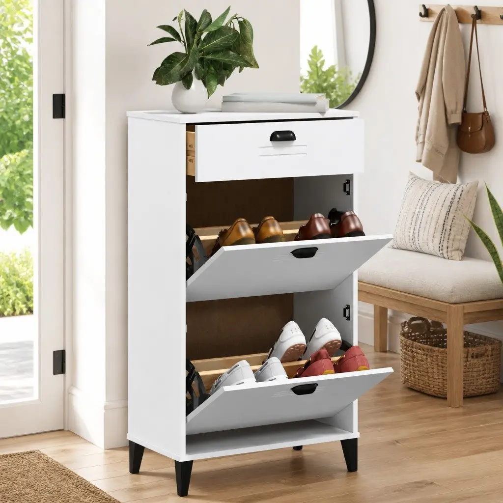 White Engineered Wood Shoe Cabinet with Flip Drawers