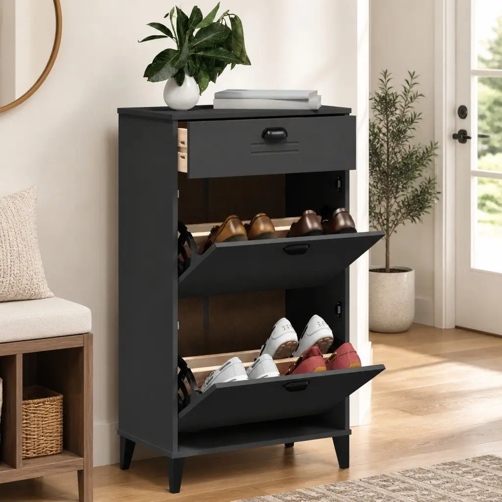 Anthracite Grey Engineered Wood Shoe Cabinet with Flip Drawers