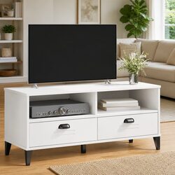 Sturdy White Engineered Wood TV Cabinet with Cable Management