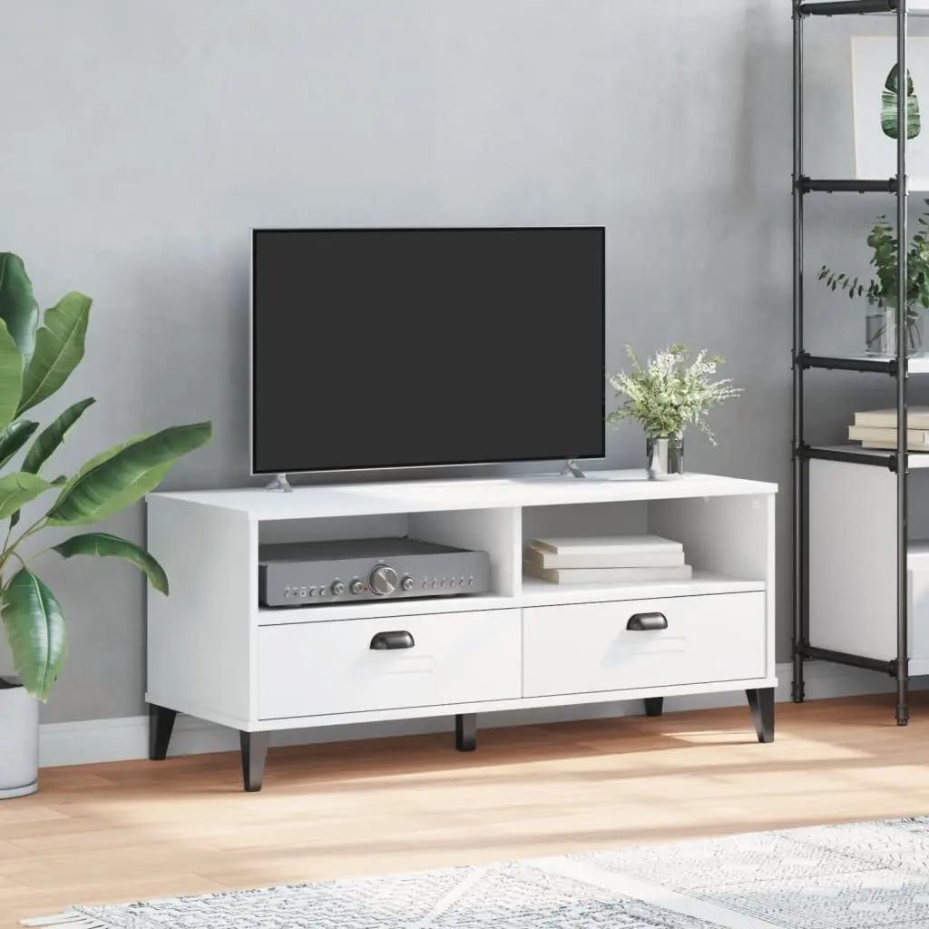 White Engineered Wood TV Cabinet with Cable Management