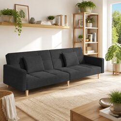 2-Seater Sofa Bed Grey Fabric Convertible Day Bed with Pillows Guest Sleeping