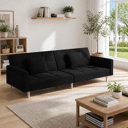 Convertible Black Fabric 2-Seater Sofa Bed with Pillows