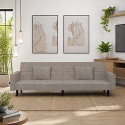 Convertible Grey Velvet 2-Seater Sofa Bed with Pillows