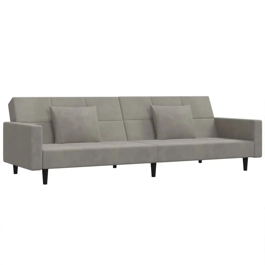 Convertible Grey Velvet 2-Seater Sofa Bed with Pillows