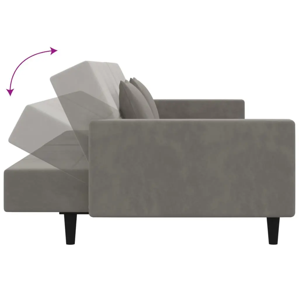 Convertible Grey Velvet 2-Seater Sofa Bed with Pillows