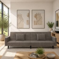 Grey Velvet 2-Seater Sofa Bed with Pillows for Guests