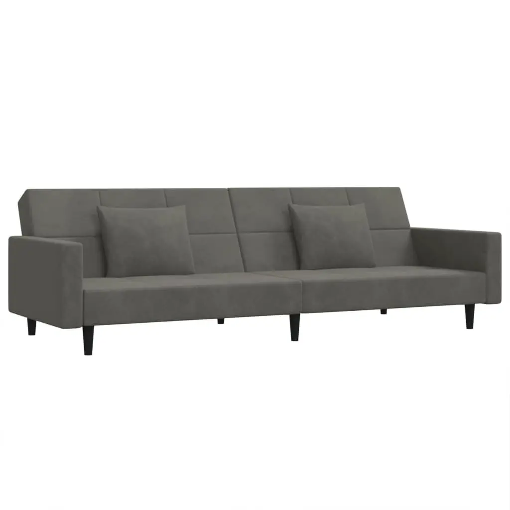Grey Velvet 2-Seater Sofa Bed with Pillows for Guests