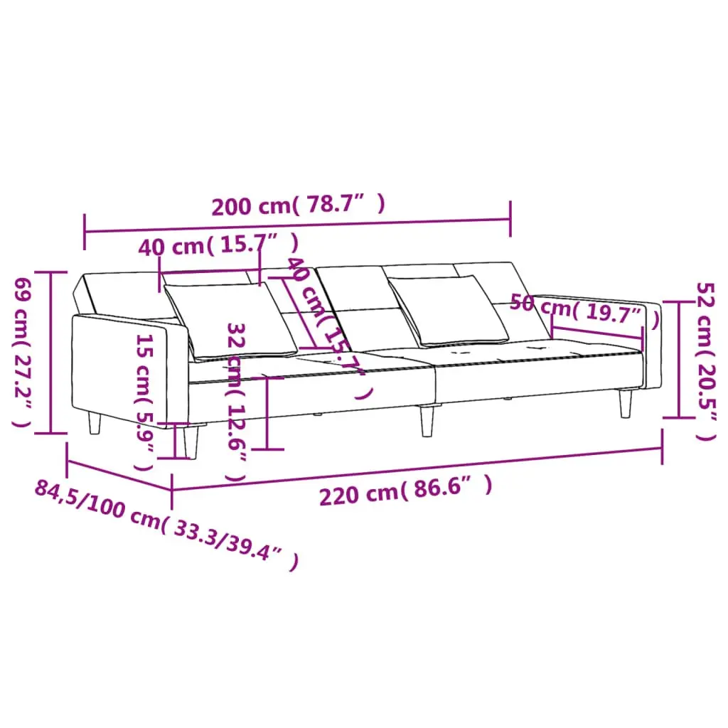 Grey Velvet 2-Seater Sofa Bed with Pillows for Guests