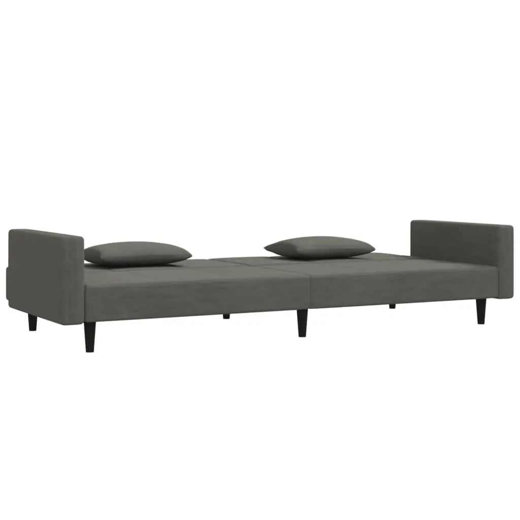 Grey Velvet 2-Seater Sofa Bed with Pillows for Guests