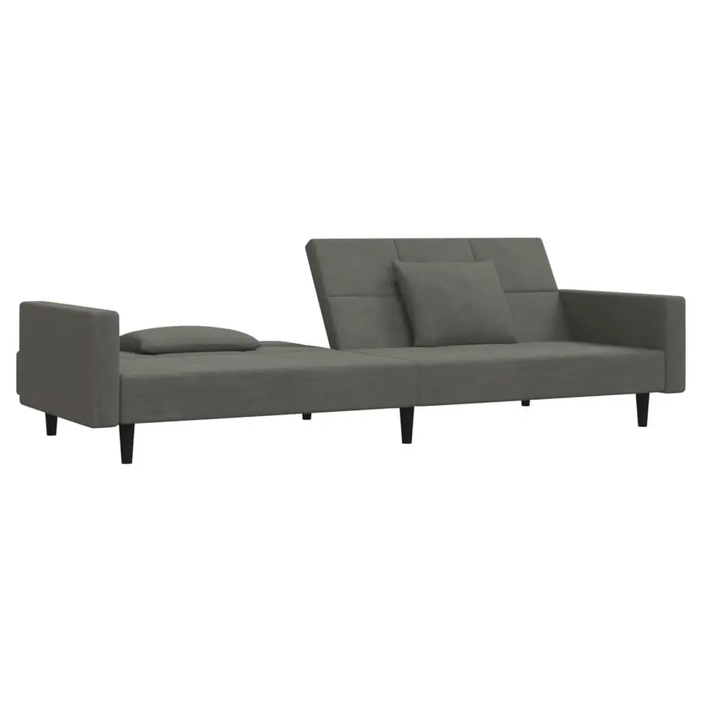 Grey Velvet 2-Seater Sofa Bed with Pillows for Guests