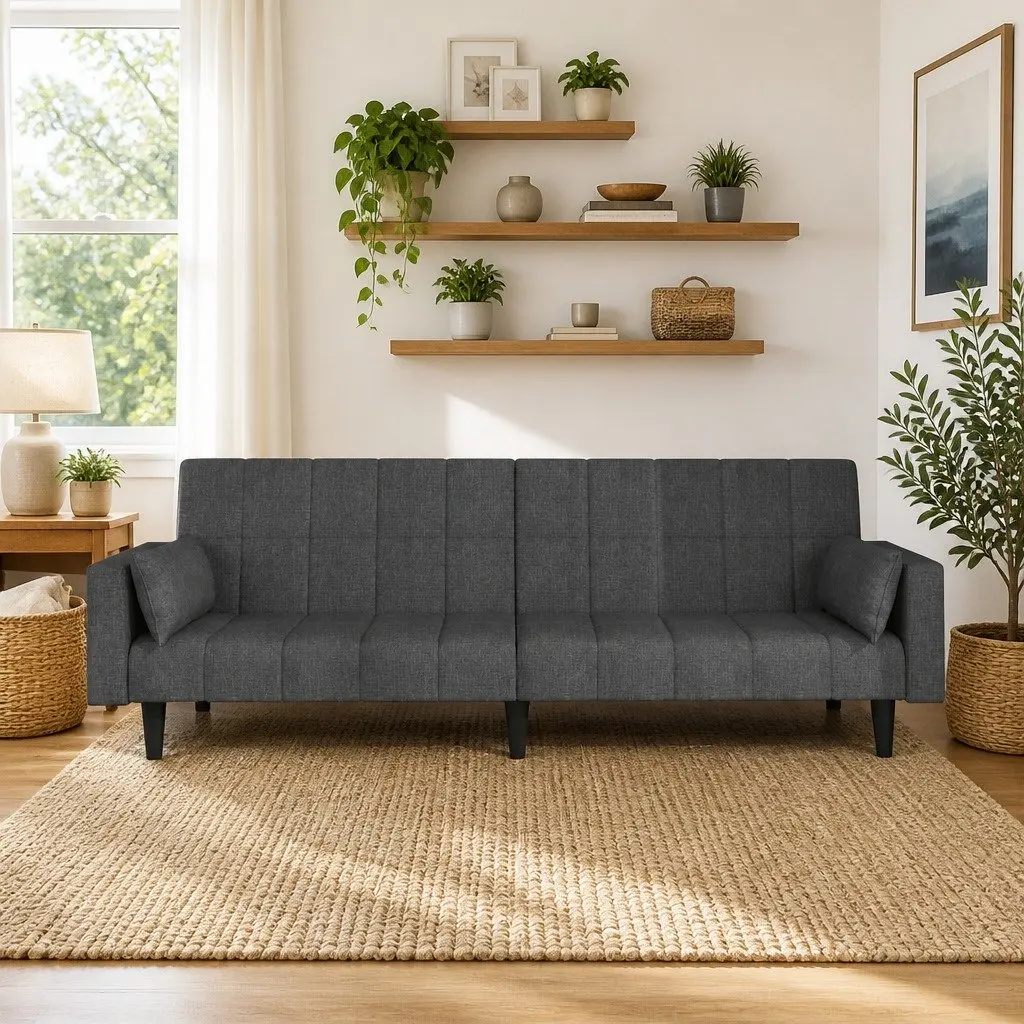 Convertible Grey Fabric 2-Seater Sofa Bed with Pillows
