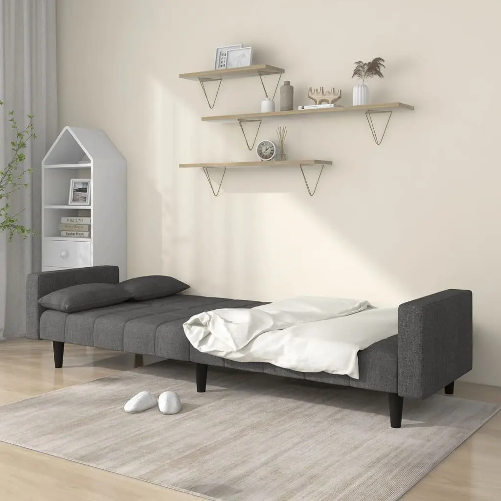 Convertible Grey Fabric 2-Seater Sofa Bed with Pillows