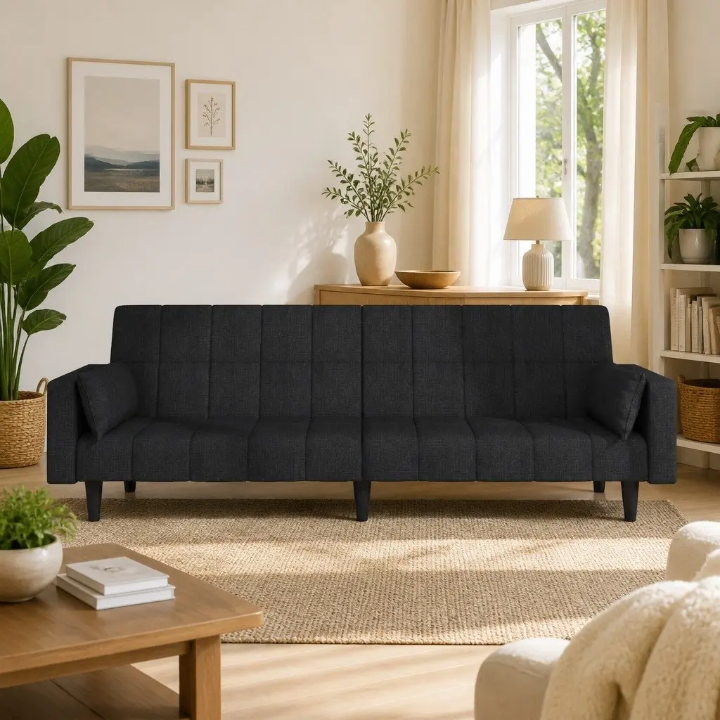 2-Seater Black Fabric Sofa Bed with Pillows