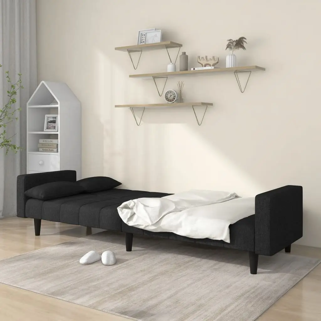 2-Seater Black Fabric Sofa Bed with Pillows