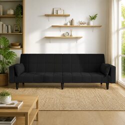 Black Velvet 2-Seater Sofa Bed with Pillows
