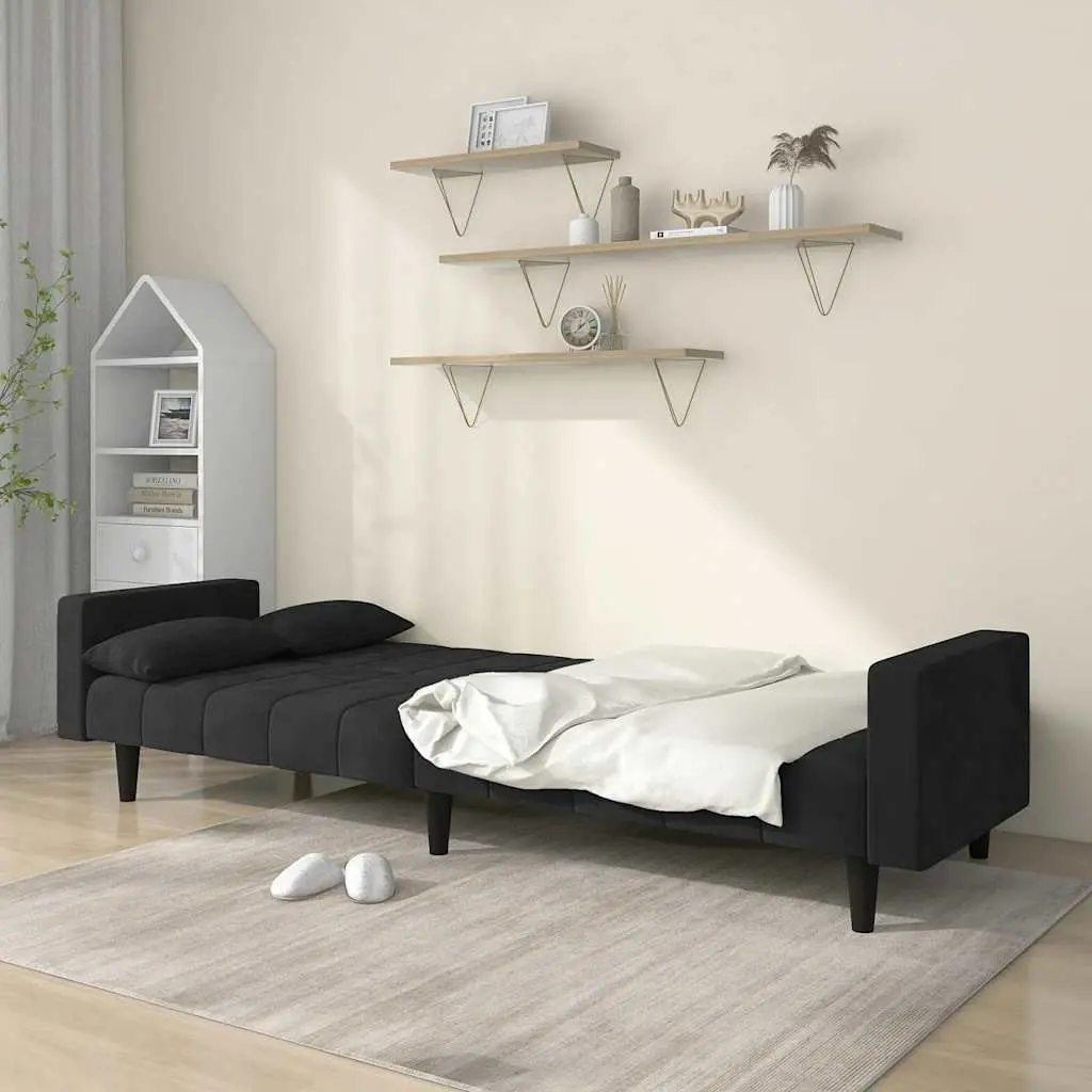 Black Velvet 2-Seater Sofa Bed with Pillows