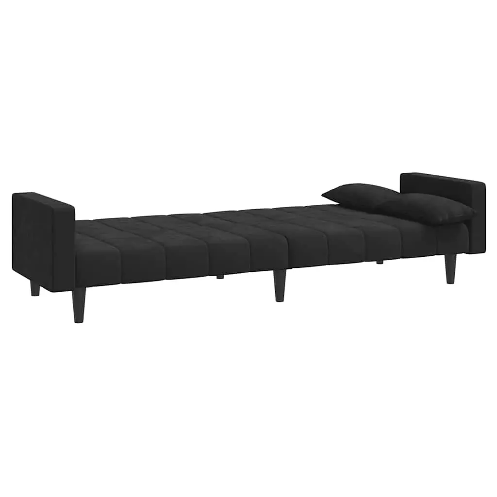 Black Velvet 2-Seater Sofa Bed with Pillows