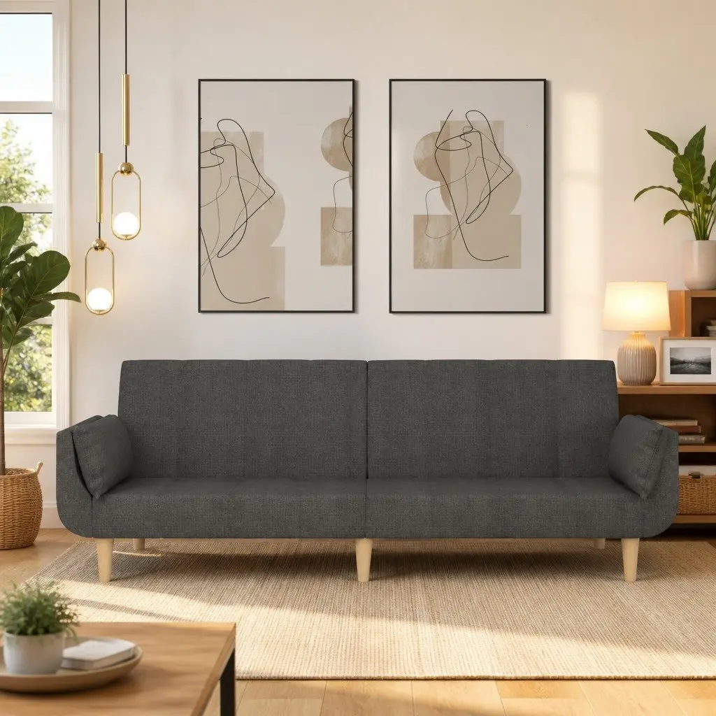 2-Seater Sofa Bed in Grey Fabric with Pillows