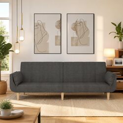 Stylish 2-Seater Sofa Bed in Grey Fabric with Pillows