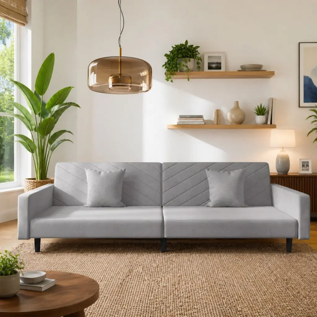 Convertible Grey Velvet 2-Seater Sofa Bed