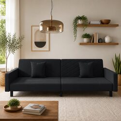 Durable Black Velvet 2-Seater Sofa Bed with Cushions