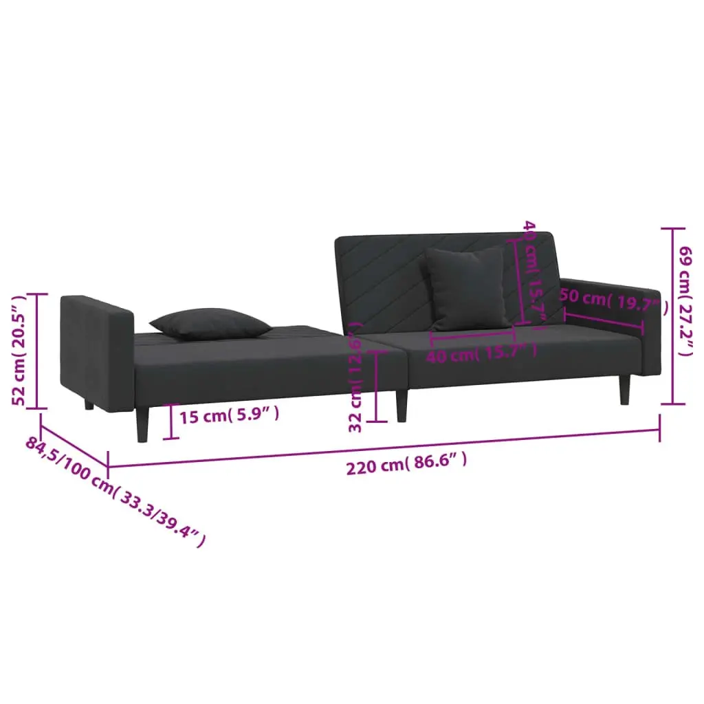 Sofa Bed Velvet Black 2-Seater Convertible Day Bed Twin Bed