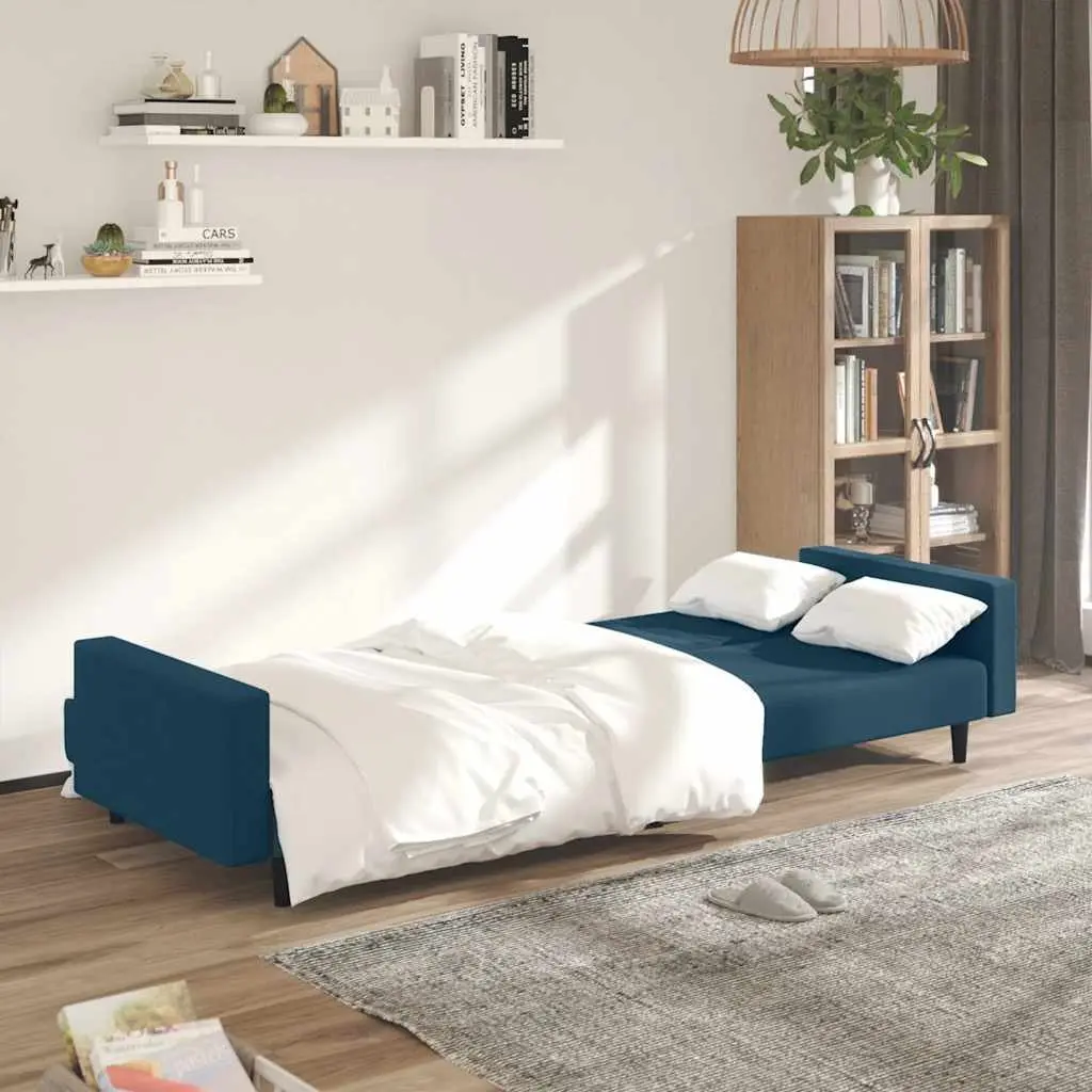 Blue Velvet Convertible 2-Seater Sofa Bed for Guests