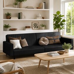 Black Faux Leather 2-Seater Sofa Bed with Wooden Frame