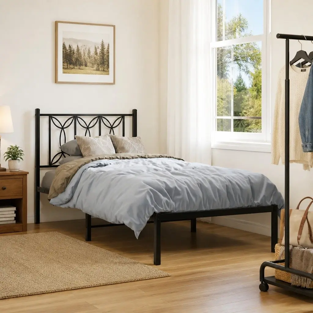 Metal Bed Frame Steel 90x190cm Black Slatted Base