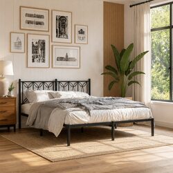 Sturdy Metal Bed Frame with Headboard and Storage 150x200 cm