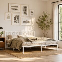 Sturdy White Metal Bed Frame with Headboard Storage 183x203 cm