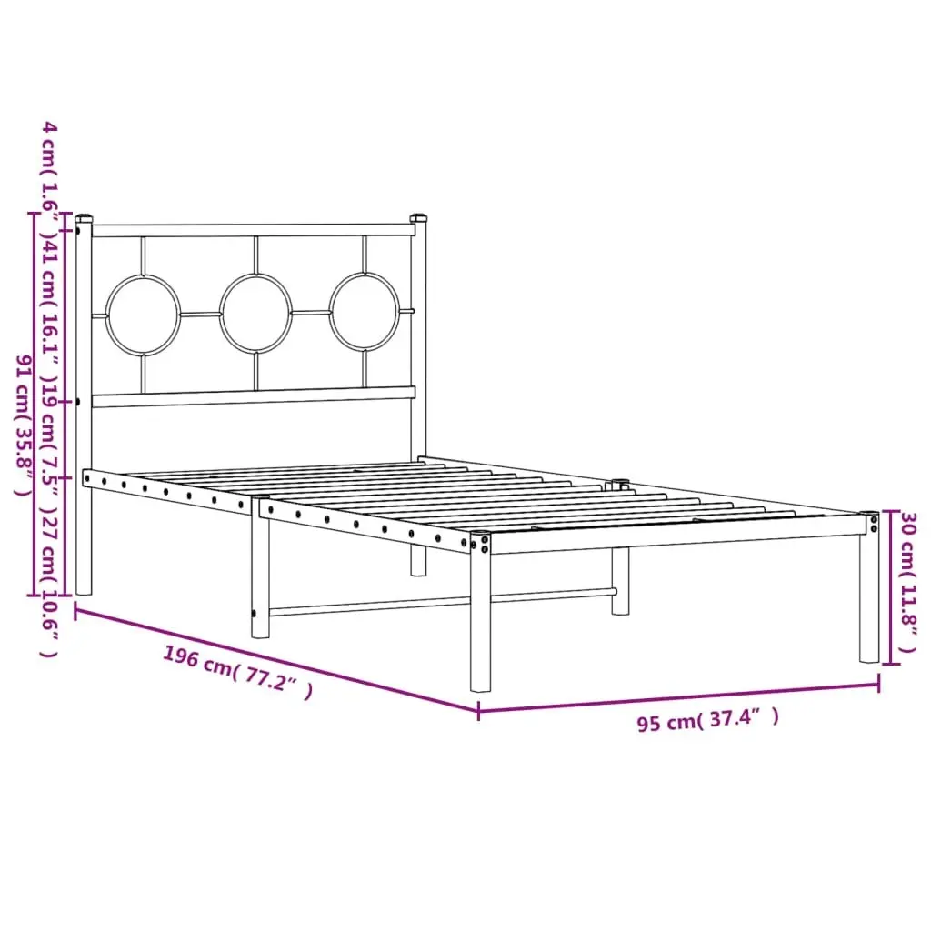Black Metal Bed Frame with Headboard 90x190 cm