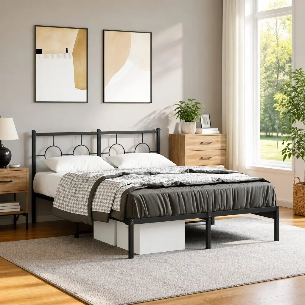 Black Metal Bed Frame 135x190 cm with Headboard