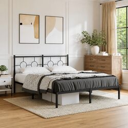 Metal Bed Frame 150x200 cm with Headboard Black Bedroom Furniture Base