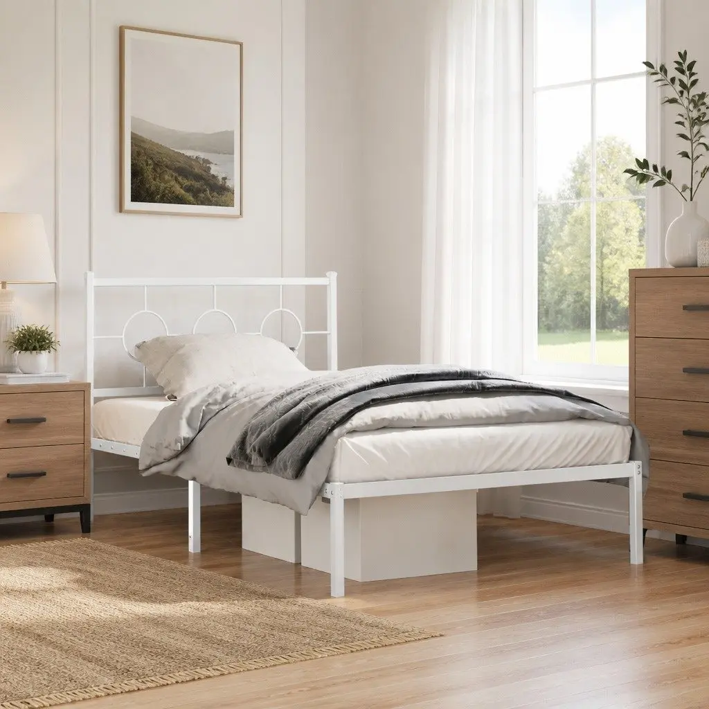Metal Bed Frame King Single 107x203cm Headboard White Slatted Base Storage